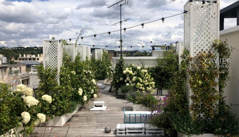 Une terrasse avec quelques fleurs d&rsquo;hortensia